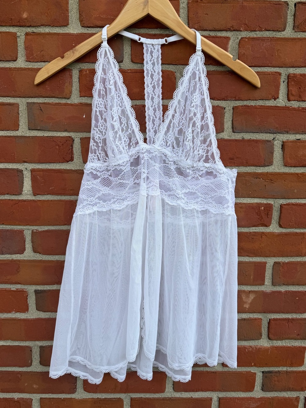 Victoria's Secret White Sheer Lace Split Front Babydoll Halter Chemise